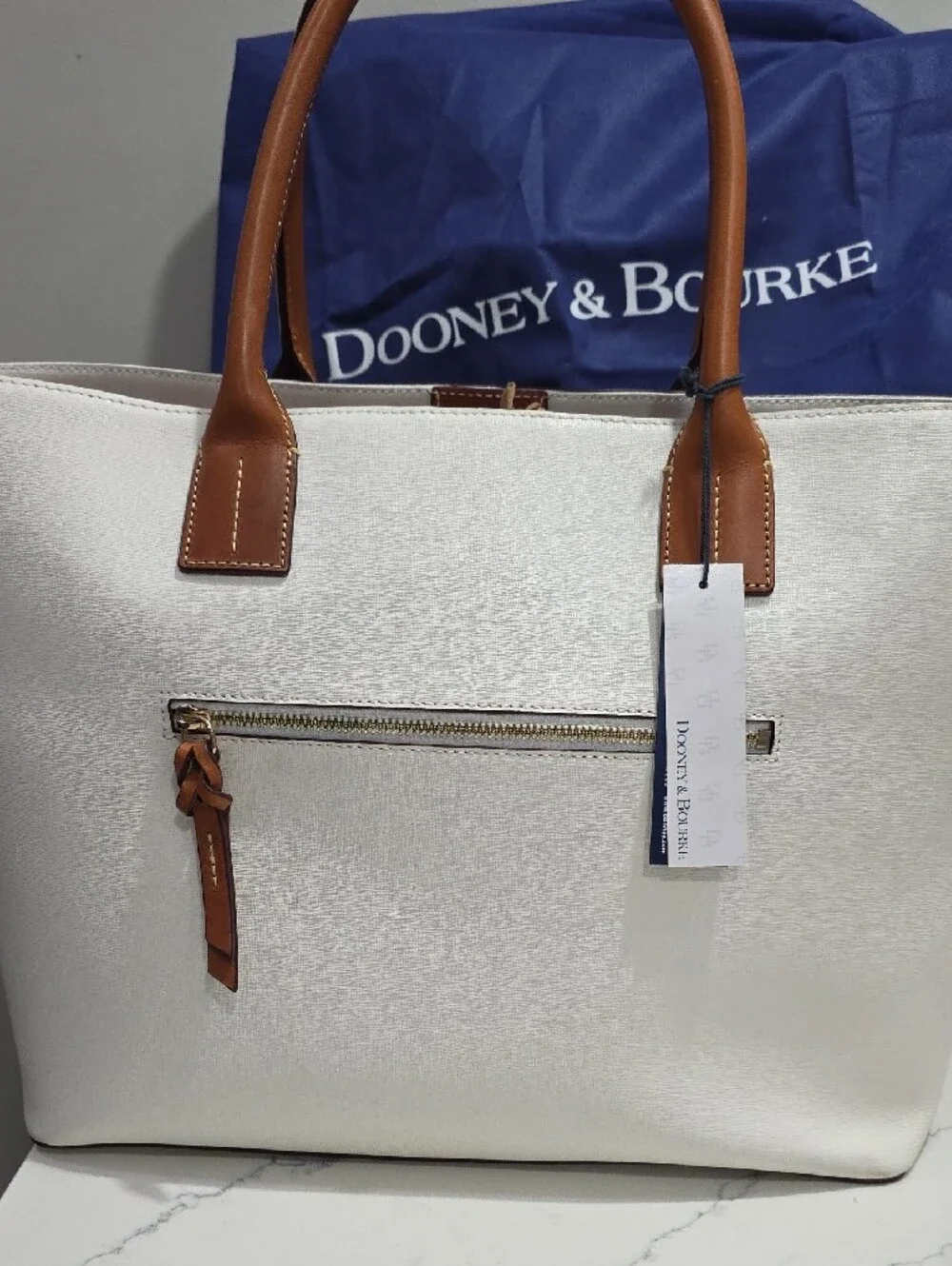Dooney & Bourke White Tote with Brown Leather Handles